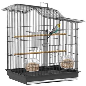 PawHut Gabbietta per Uccelli a 4 Ingressi con 2 Ciotole, 2 Posatoi e Vassoio Estraibile, Voliera in Metallo e Plastica, 47.5x36x54.5 cm, Nero