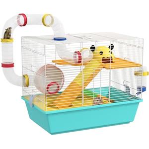 PawHut Gabbia per Criceti con Ruota, Casetta, Ciotola, Rampe e Serbatoio dell'Acqua, Gabbia per Gerbilli in Acciaio, PS e PP, 45x28x37 cm, Bianco e Azzurro
