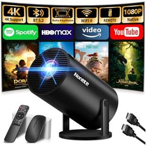 Nonete Proiettore 1080P FHD [2026 Upgraded] Mini Proiettore Portatile 4K con WiFi 6 BT 5.2 Videoproiettore Supporta Rotativo a 270°Projector Auto Keystone TV Stick/USB/HDMI/PC con Cavo HDMI & Mouse, Nero