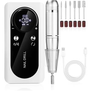 FAOKZE Fresa elettrica per unghie, 45000 giri/min, fresa per unghie con display a LED e funzione di pausa, lima elettrica ricaricabile USB, set di pedicure per unghie in gel e acrilico