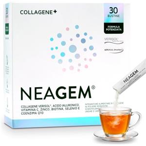 Neagem Collagene in polvere in bustina, 30 dosi con 5g di Collagene Verisol®, 240mg di Acido Ialuronico, Vitamina C, Zinco, Biotina, Selenio, Coenzima Q10, anti-age per pelle, unghie e capelli