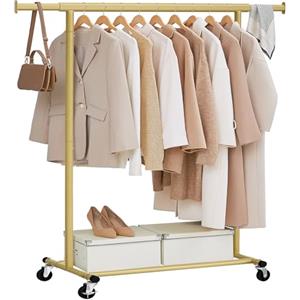 SONGMICS Stand Appendiabiti con Ruote, Attaccapanni Estensibile per Carichi Pesanti, Portata Totale 100 kg, 45 x (92-132) x 161,5 cm, Facile da Montare e Spostare, Oro Pallido HSR013A01