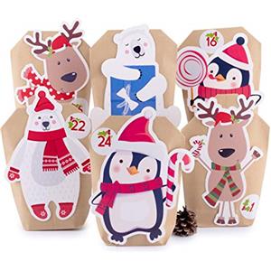 pajoma Calendario dell'Avvento da riempire con animali, 24 sacchetti di carta kraft marrone con adesivi e accessori, calendario natalizio fai da te per bambini e adulti
