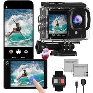 Camlance Action Cam 4K a Doppio Schermo, 48MP WIFI Videocmera,131ft Macchina Fotografica Subacquea, 170° Telecamera Moto con Telecomando, Microfono, 2 Batterie,Accessori Multifunzione.