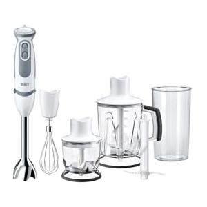 Braun MQ5245WH Minipimer con 5 ANNI DI ASSISTENZA, Frullatore ad immersione, 1000W, 4 accessori, 21 velocità di lavorazione, antischizzo, bianco/grigio