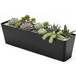 GREANER - Fioriera per fiori con vassoi rimovibili e fori di drenaggio, 1 pezzo, 40,6 x 9,6 cm, vaso rettangolare in plastica per balcone, ufficio, davanzale, giardino, uso interno ed esterno, nero