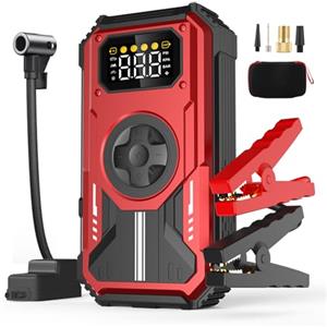 Eigotrav Avviatore Batteria Auto con Compressore 150PSI 6000A 12V Avviatore Emergenza per Auto (Fino a 7,5L di Benzina/6,0L di Gasolio) Torcia & Ricarica USB Booster Avviamento Portatile (Rosso)