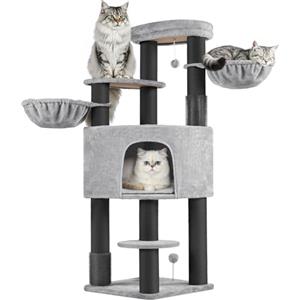 Yaheetech Tiragraffi Grande Albero per Gatti di Grossa Taglia con 2 Spazzole e Coperte Tronchi in Sisal da 11 cm di Spessore Ampie Piattaforme e Tana 56 x 56 x 160 cm Grigio Chiaro e Nero