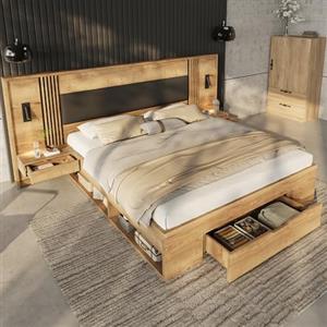 HOXINBLY Letto matrimoniale 160x200 con lampada da lettura e 2 comodini, Letto Industrial con cassetti, Struttura letto matrimoniale Legno naturale (Senza Materasso)