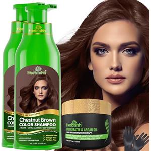 Herbishh Ultimate Chestnut Brown Hair Color Kit (2 shampoo + 1 maschera per capelli all'argan) per copertura grigia, lunga durata, facile applicazione per uomini e donne