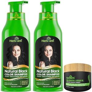 Herbishh Shampoo per capelli grigi senza ammoniaca, nero, 500 ml, confezione da 2 con maschera per capelli intensi all'argan, 150 g, 3 in 1, colorante, deterge e condiziona, colore a lunga durata