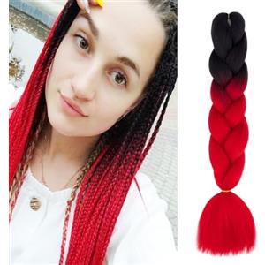 Cybelleza Extension Treccine Treccia Africane Capelli Neri Sintetici Finti Lunghi Intrecciati 60cm Ombre Jumbo Braids 1 Ciocca 100g Crochet Twist Bellezza, Nero/Rosso