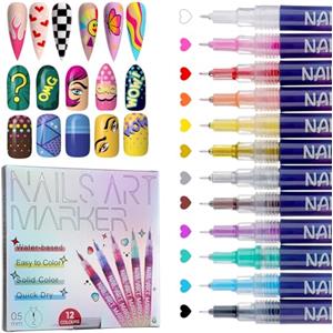 QUELLE Set di 12 Colori di Pennarelli per Unghie - Nail Art Marker 0.5mm per Disegni e Decorazioni, Pennarelli Smalto per Unghie ad Asciugatura Rapida, Nail Art Pen per Manicure DIY