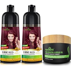 Herbishh Combo Pack-2pcs Herbishh Hair Color Shampoo for Gray Hair+ 1pc Argan Intense Hair Mask - Colors Hair in Minutes - Long-lasting color- 500 Ml -Stimulates Dry Frizzy Hair (Wine Red)