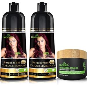 Herbishh Combo Pack-2pcs Herbishh Hair Color Shampoo for Gray Hair+ 1pc Argan Intense Hair Mask - Colors Hair in Minutes - Long-lasting color- 500 Ml -Stimulates Dry Frizzy Hair (Burgundy)