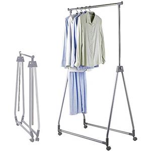 BAKAJI Stand Appendiabiti Singolo Pieghevole Regolabile in Acciaio e Plastica Dura, Aste Telescopiche, con 4 Ruote, Esposizione Negozio, Appendi Abiti Professionale Richiudibile (Grigio)