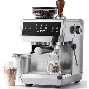 AMZCHEF Macchina Caffè Espresso con Macinacaffè Incorporato, 20 Bar, 44 Livelli di Macinatura, 4 Temperature, Funzione Cold Brew, Lancia Vapore per Latte,Acciaio Inox,1.8L