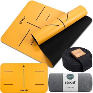 STAASH Premium Yoga Set - Tappetino da yoga in PU & gomma naturale + asciugamano in microfibra + cinturino da yoga + pad per mano - Ultra Grip, ecologico e qualità da studio per yoga esigenti (Golden