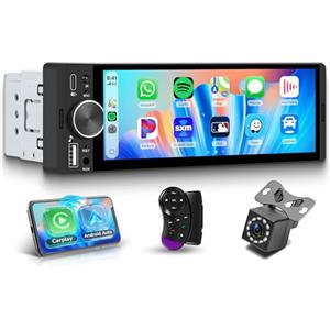Rimoody Autoradio 1 Din con Wireless Carplay Android Auto iOS/Android Mirror Link, 6.28 Pollici Touchscreen Autoradio con Bluetooth 5.2 FM Radio USB/AUX/EQ Comandi al Volante Telecamera Posteriore