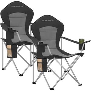 SONGMICS Sedie da Campeggio, Set di 2 Sedie Pieghevoli e Portatili con Seduta Ampia, Schienale Alto, con Portabicchiere, Supporto per Cellulare, Organizzatore in Tessuto, Nero e Grigio GCB005BH01-2J