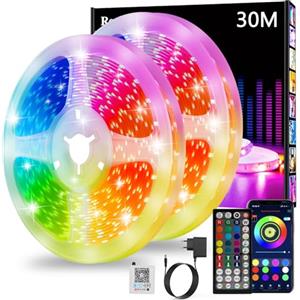 Realky Striscia LED 30M, Luci LED Cambia Colore, APP Bluetooth e Telecomando a 44 tasti, Sincronizzazione musica e timer, Decorazione strisce LED per camera da Letto, Feste (15M*2)