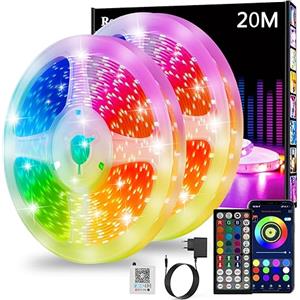 Realky Striscia LED 20M, Luci LED Cambia Colore, APP Bluetooth e Telecomando a 44 tasti, Sincronizzazione musica e timer, Decorazione strisce LED per camera da Letto, Feste (10M*2)