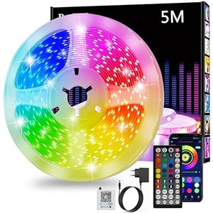 Realky Striscia LED 5 Metri,Led Striscia Colorati Dimmerabile con Controller Bluetooth Musica Sincronizza la Adatto per Interni, Camera da Letto, Decorazioni per Feste e per la Casa