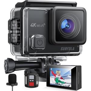Surfola Action Cam 4K Subacquea 40M, WiFi Videocamera EIS, Fotocamera per Casco, 170° Grandangolare Time-Lapse, Mic Esterno, Telecomando2.4G, 2x1050mAh Batterie