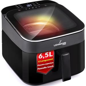 LEHMANN Friggitrice ad Aria XL 6,5L, Air Fryer con Finestra Panoramica Superiore e Illuminazione Interna, Display Touch, 12 Programmi, Promemoria di Agitazione, Griglie Lavabili in Lavastoviglie