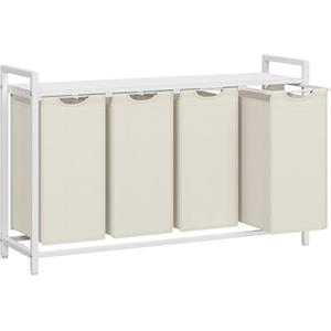 VASAGLE Cesto Portabiancheria, Porta Biancheria, 4 Sacchi in Tessuto Rimovibili, Piano d扐ppoggio, Metallo, 4 x 40 L, 116 x 33 x 72 cm, Bianco Crema e Bianco Opaco BLH401W01