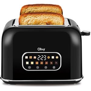 Olvy Tostapane Olvy 900W - 7 Livelli di Doratura, Display LCD con Timer, Fessure Extra Larghe, Funzioni Scongelamento e Riscaldamento, Vassoio Raccolta Briciole - Per Pane e Bagel