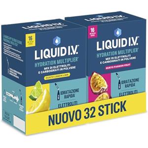 Liquid I.V. 32 stick, Integratore con Elettroliti per Idratazione Rapida, con Sodio e Potassio, con Vitamine B3 B5 B6 B12 e C, Vegano, Senza Glutine, Lemon Lime + Passion Fruit