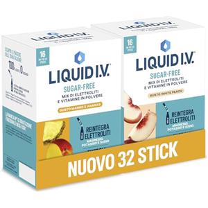 Liquid I.V. Sugar Free 32 stick, Integratore con Elettroliti Senza Zucchero per Idratazione Quotidiana, con Magnesio, Sodio e Potassio, con Vitamine B3, B5, B12 e C, Mango e Ananas + White Peach