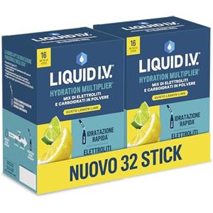 Liquid I.V. 32 stick, Integratore con Elettroliti per Idratazione Rapida, con Sodio e Potassio, con Vitamine B3 B5 B6 B12 e C, Vegano, Senza Glutine, 2x Lemon Lime