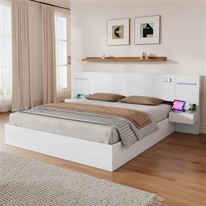 Kebnor Letto matrimoniale, letto in legno, con porta USB, orologio elettronico, altoparlante Bluetooth, barra luminosa a colori, materasso integrato, 2 comodini (senza cassetti), bianco (180 x 200 cm)