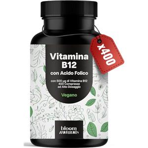 Bloom Naturals Beauty Supplements Vitamina B12 con Acido Folico - 400 Compresse - Alto Dosaggio 500 µg, Vitamina B 12, Vegano, Prodotto in Germania - Testato in Laboratorio