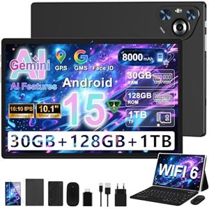 Dghrti Tablet Android 15, 10 Pollici IPS HD Schermo, [30GB RAM+128GB ROM] 1TB Espandibile, 8000mAh, 8-Core, Corpo in Metallo, 5MP+8MP, Face ID, Widevine L1 - Mouse, Tastiera, Custodia Protettivae-Nero