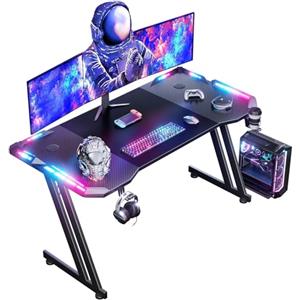 HLONONE 120 x 60 cm Scrivania Gaming LED, Tavolo Gaming Ergonomica, Postazione Gamer con Piano del Tavolo in Fibra di Carbonio, Scrivania per Computer con Porta Bicchiere e Ganci per Cuffie, Nero