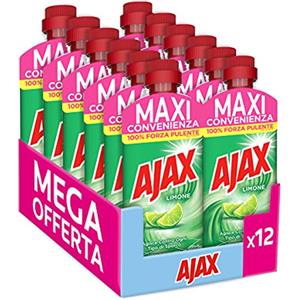 Ajax Detersivo Pavimenti Limone Ultra Sgrassante, Formula più Efficace, Agisce Contro Ogni Tipo di Sporco, Igiene e Pulito Brillante, 100% Efficace Sullo Sporco, 12 X 650 ml