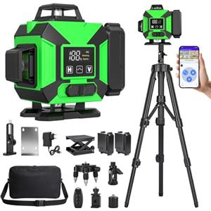 Kujizpu Livella Laser Autolivellante con Treppiede, 4 x 360° Laser a Linee Incrociate, Livella Laser Verde Regolabile Luminosità, Dispositivo di Livellamento con 2 x 3600 mAh Batteria per cantieri Interni DIY