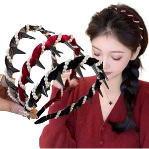 Ypkia 3 cerchietti a zig-zag con perline per capelli, da donna, con denti di squalo, in velluto, antiscivolo, in plastica, per donne e ragazze