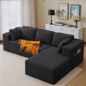 Xbro Divano con Chaise Longue Destra 3 Posti, Divano Angolare Modulare a L in Velluto a Coste, con Cuscini e Tasche Laterali, per Soggiorno Casa, 250x160x62 cm, Grigio Scuro