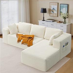 Xbro Divano con Chaise Longue Destra 3 Posti, Divano Angolare Modulare a L in Velluto a Coste, con Cuscini e Tasche Laterali, per Soggiorno Casa, 250x160x62 cm, Beige