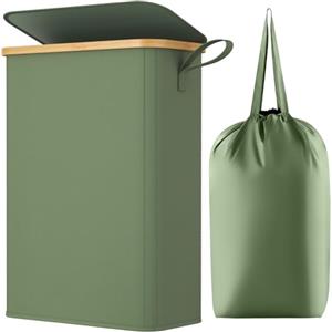 Lifewit Cesto Portabiancheria Salvaspazio, Cesta Biancheria Sporca con Coperchio, Porta Biancheria Sporca Slim per Bagno, Laundry Basket per Camera da Letto, Bagno, Lavanderia, 50 L, Verde