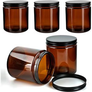 YFZYT Barattoli per crema da riempire (450 ml x 4 pezzi), vetro marrone con tappo a vite, barattolo da farmacia, barattoli a vite con coperchio per crema, oli essenziali e lozioni.
