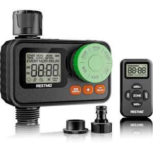 RESTMO Timer per acqua telecomandato RF, timer per tubo da giardino con sistema automatico/manuale/ritardo pioggia per rubinetto esterno, irrigazione a goccia e irrigazione del prato