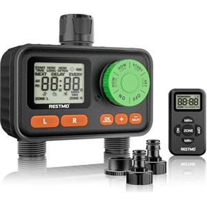 RESTMO Timer dell'acqua telecomandato RF con 2 uscite, timer per tubo da giardino con sistema automatico/manuale/ritardo pioggia per rubinetto esterno, irrigazione a goccia e irrigazione del prato