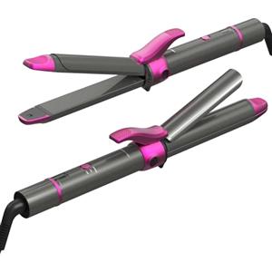 LESCOLTON Ferro arricciacapelli e piastra lisciante 2 in 1, rivestimento nano-titanio, curler Iron con display LCD, 27 temperatura regolabile, 100-230 ℃ ricci e levigatura Spazzola Phon (Magenta)