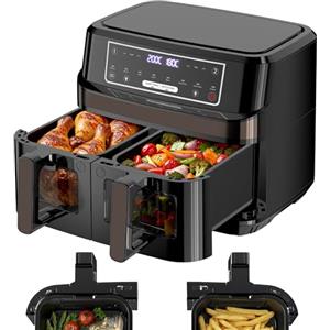 Emphsism Friggitrice ad Aria Doppio Cestello | 10L Friggitrice Aria con Finestra Osserv Indipendente Temperatura, 8-in-1 Air Fryer Controllo Touch 50-200℃, Air Fryer Grande 2600W Luce Integrata Timer