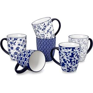 vancasso SELENE - Tazze da Caffè Grandi in Porcellana con Manico - 6 x 480 ml - Stile Cinese Blu e Bianco - Per Tè, Caffè, Cappuccino - Adatti a Lavastoviglie e Microonde